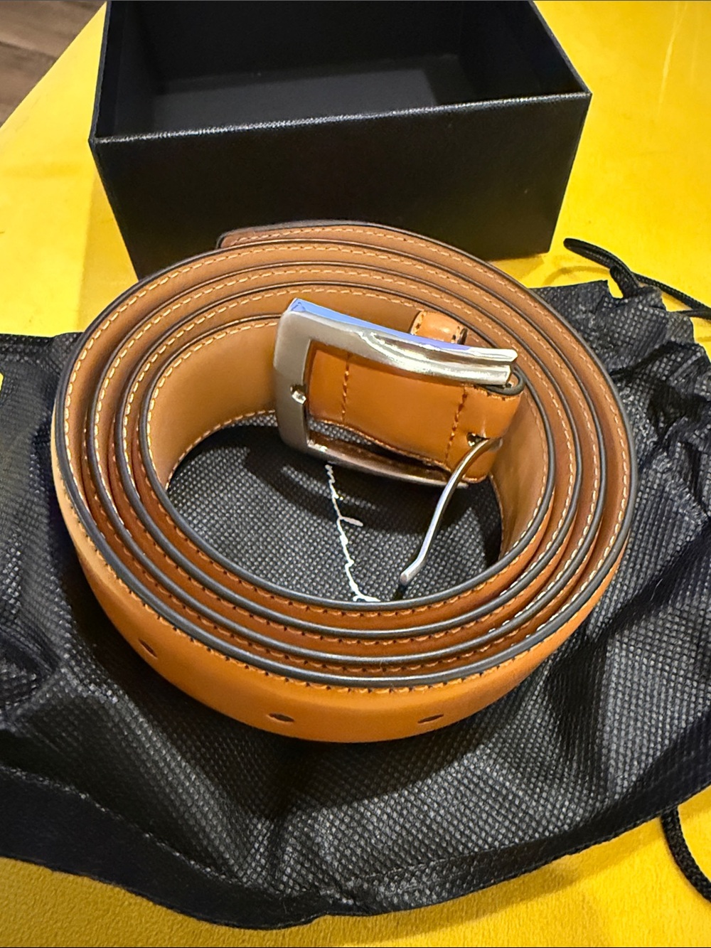 Men's Tan Leather Belt with Polished Silver Buckle